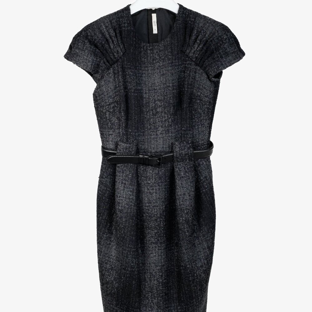 Prada 2009 Grey Tweed Belted Cap-Sleeve Knee-Length Dress